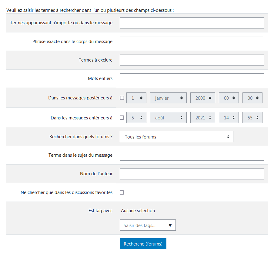 bloc Recherche forums, recherche avancée
