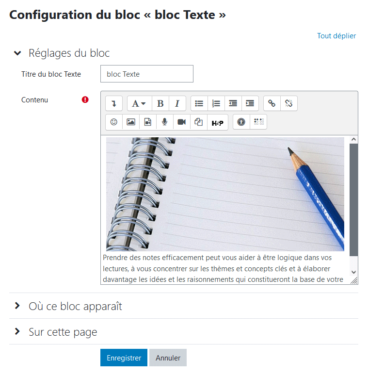 Configuration du bloc Texte