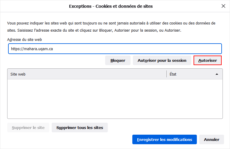 Exceptions - Cookies et données de sites