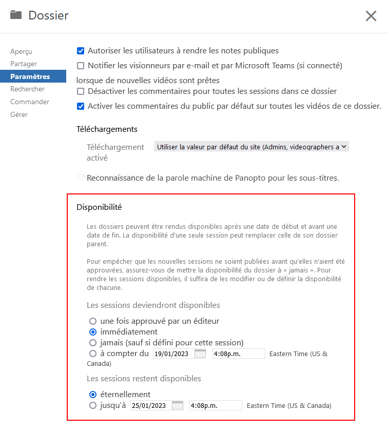 Panopto - Disponibilité d'un dossier